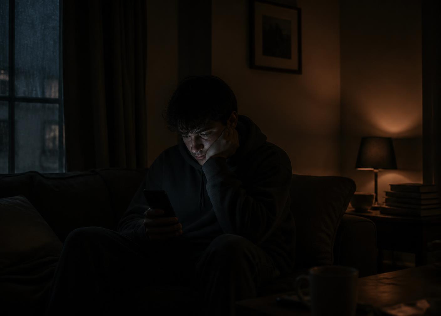 Persona mirando el móvil de noche esperando una respuesta